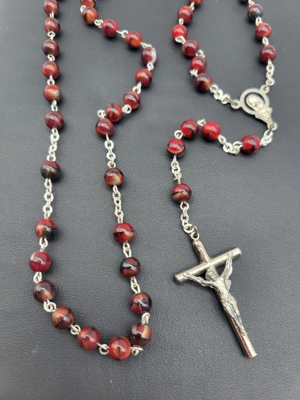 Beautiful Red Swirl Glass Bead Rosary Italy In wood bowl Catholic